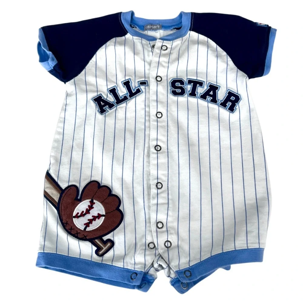 Carters Baby All Star Baseball Romper | Blue Stripe | Snap Front | Infant Outfit